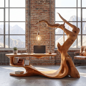 Sculptural Wood Reading Table with Integrated Hanging Lamp