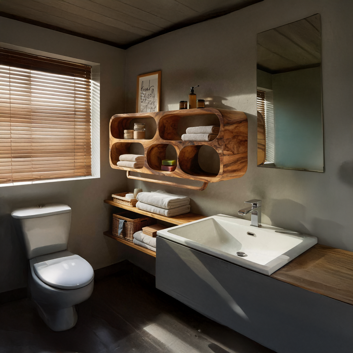 Luxury Sculptural Solid Wood Bathroom Wall Shelf
