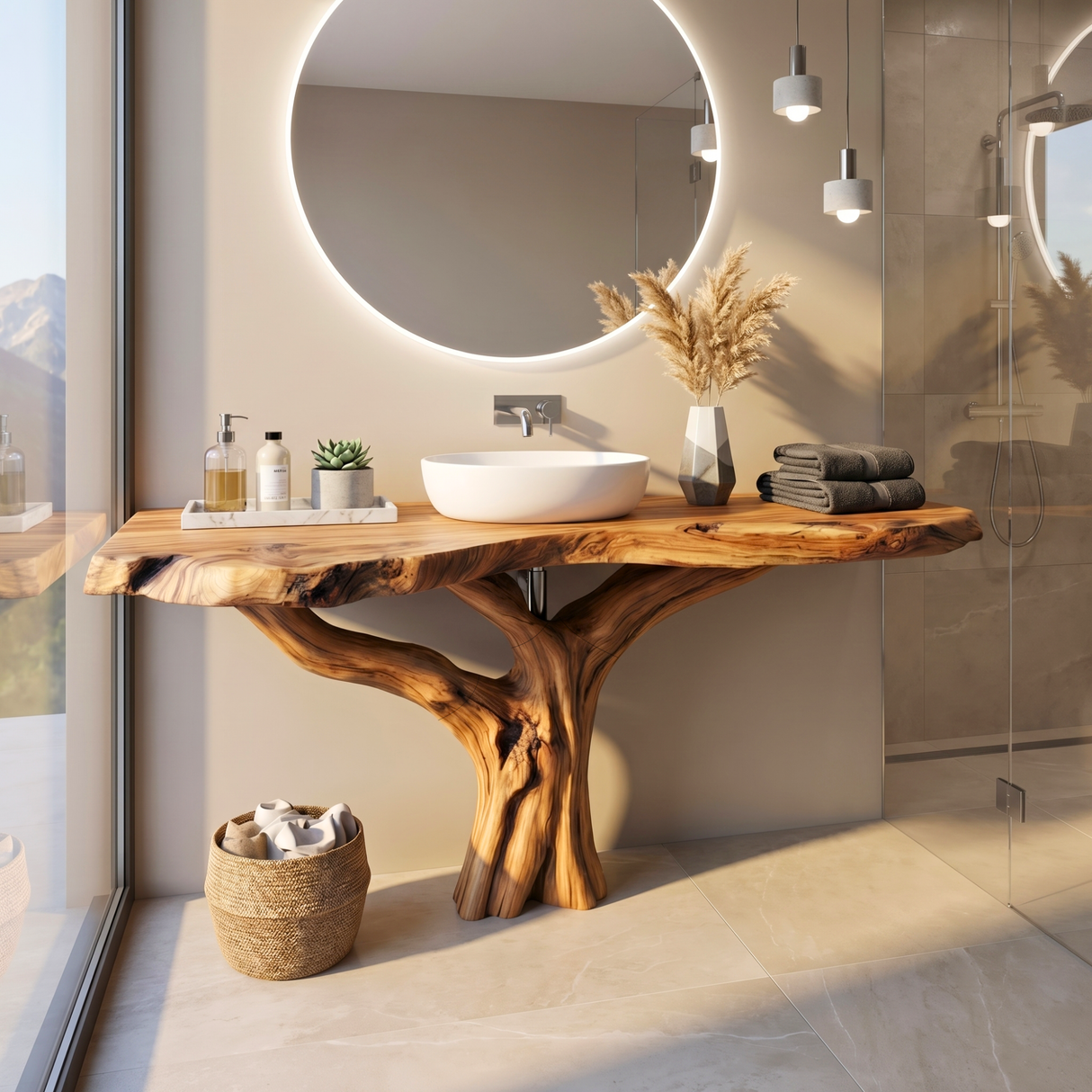 Handcrafted Solid Wood Bathroom Vanity with Sculptural Root Base