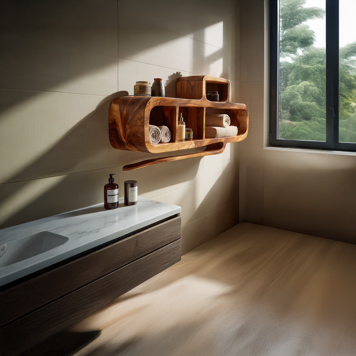 Organic Modern Solid Wood Bathroom Wall Shelf Unit
