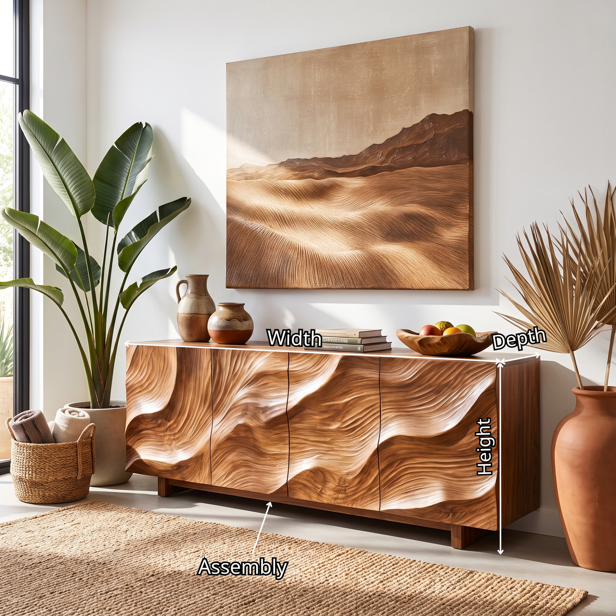 Sideboard Solid Wood with Sculptural Sand Dune Relief Doors