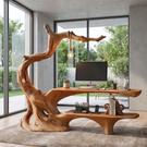 Organic Tree Root Office Desk With Floating Shelf And Hanging Lamp