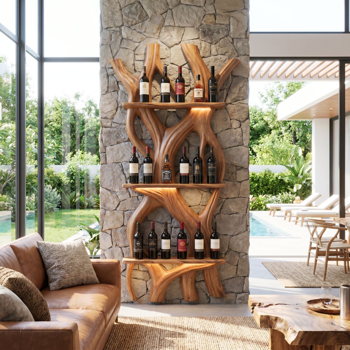 Sculptural Wooden Wine Display Organic Wall Mounted Bottle Rack