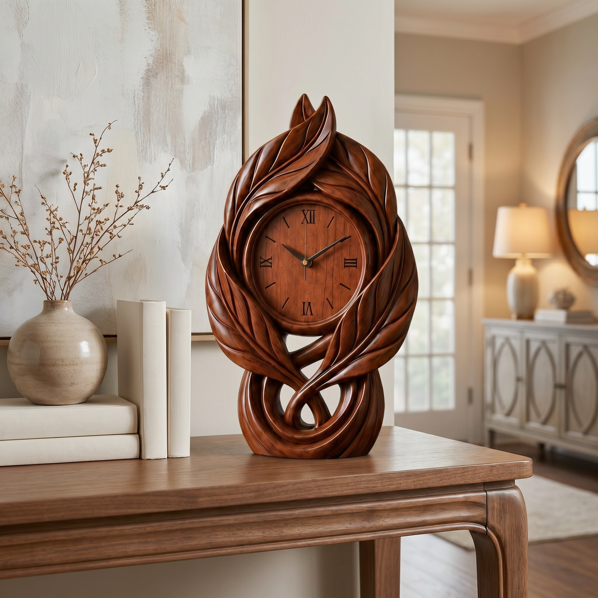 Solid Wood Table Clock with Leaf-Inspired Sculptural Frame