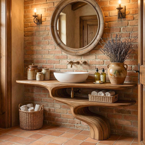 Handcrafted Solid Wood Bathroom Vanity with Sculptural Double Shelf Base