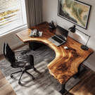 Live Edge Solid Wood Corner Desk with Sculptural Cutout Design
