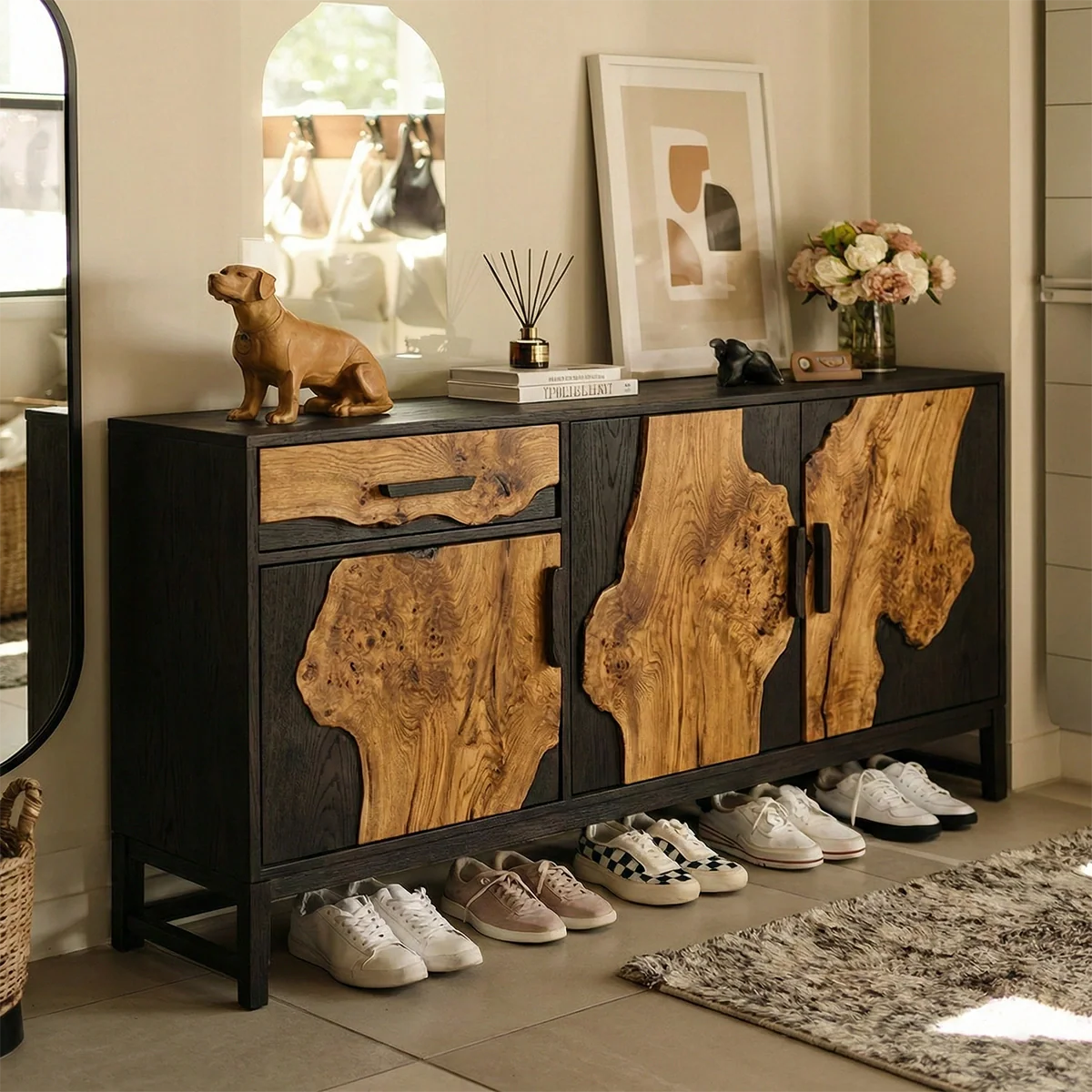 Live Edge Solid Wood Shoe Cabinet with Sculptural Grain Panels
