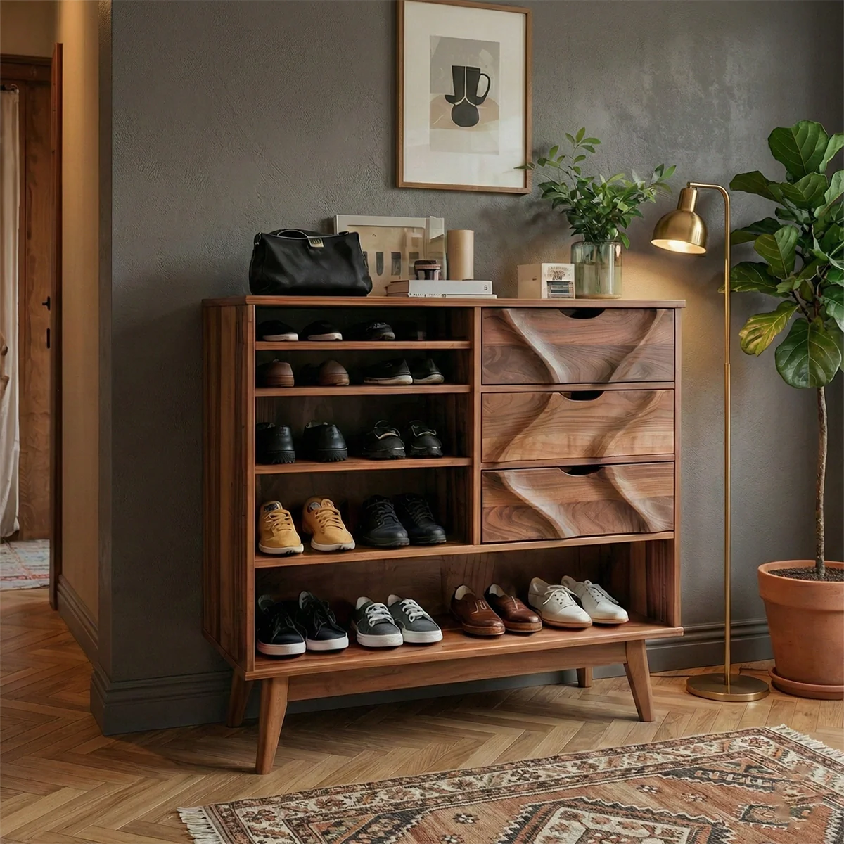 Solid Wood Entryway Shoe Cabinet with Drawers and Open Shelves Mid-Century Storage Organizer