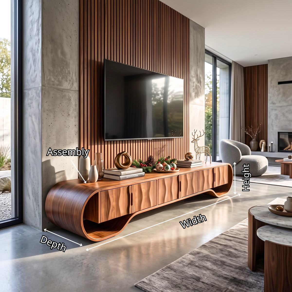 TV Stand with Sculptural Oval Frame and Natural Grain Cabinet Doors
