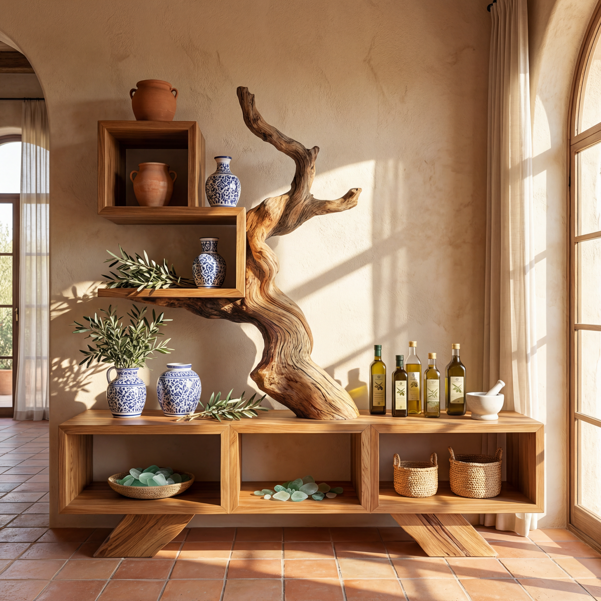 Solid Wood Sculptural Bookshelf with Tree Form Organic Modern Display Shelf Storage Unit