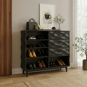 Modern Solid Wood Shoe Storage Cabinet with Drawers and Open Shelves Mid-Century Entryway Organizer