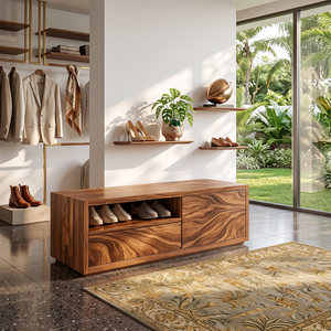 Shoe Cabinet Solid Wood with Open Display Shelf and Enclosed Storage