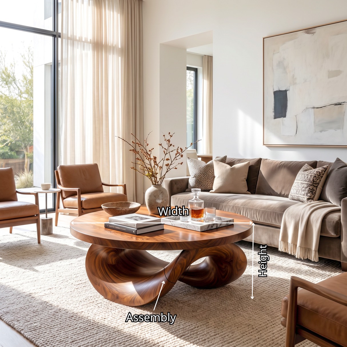 Coffee Table Solid Wood with Sculptural Intertwined Loop Base