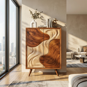 Solid Wood Sculptural Cabinet with Flowing Two-Tone Relief Doors for Modern Interiors