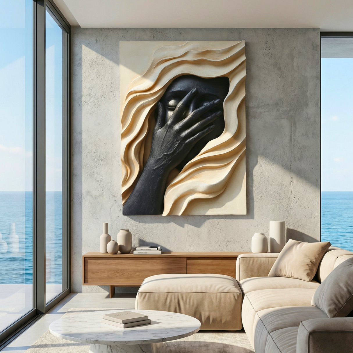 Handcrafted Solid Wood Face Wall Sculpture with Black Relief Hand and Flowing Layers