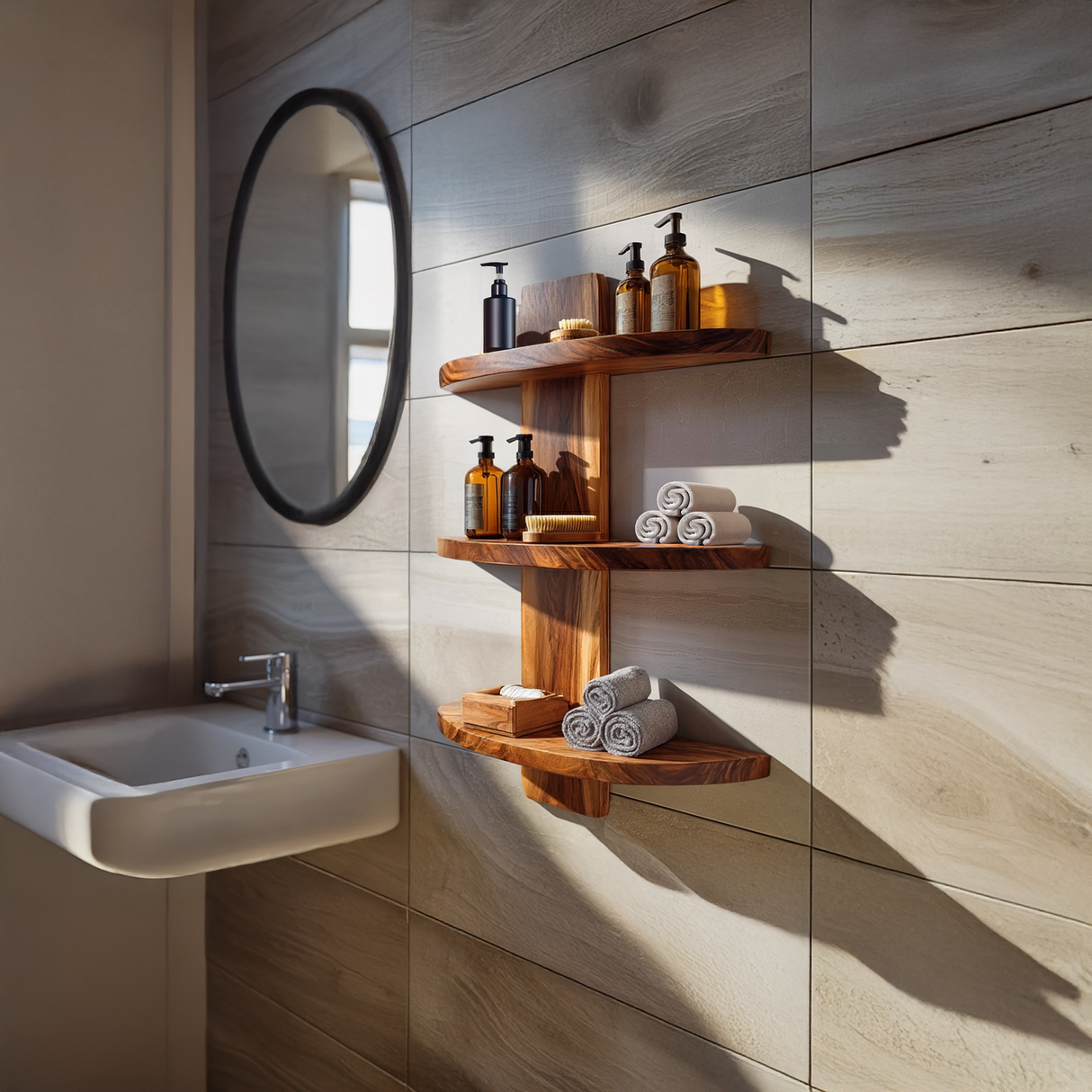 Floating Solid Wood Corner Shelf for Modern Bathroom
