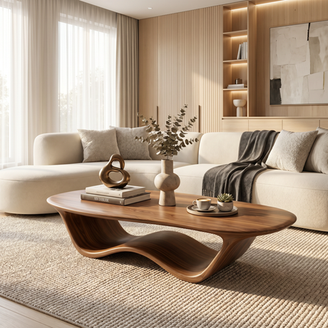 Coffee Table Solid Wood with Flowing Wave Sculptural Base for Living Room
