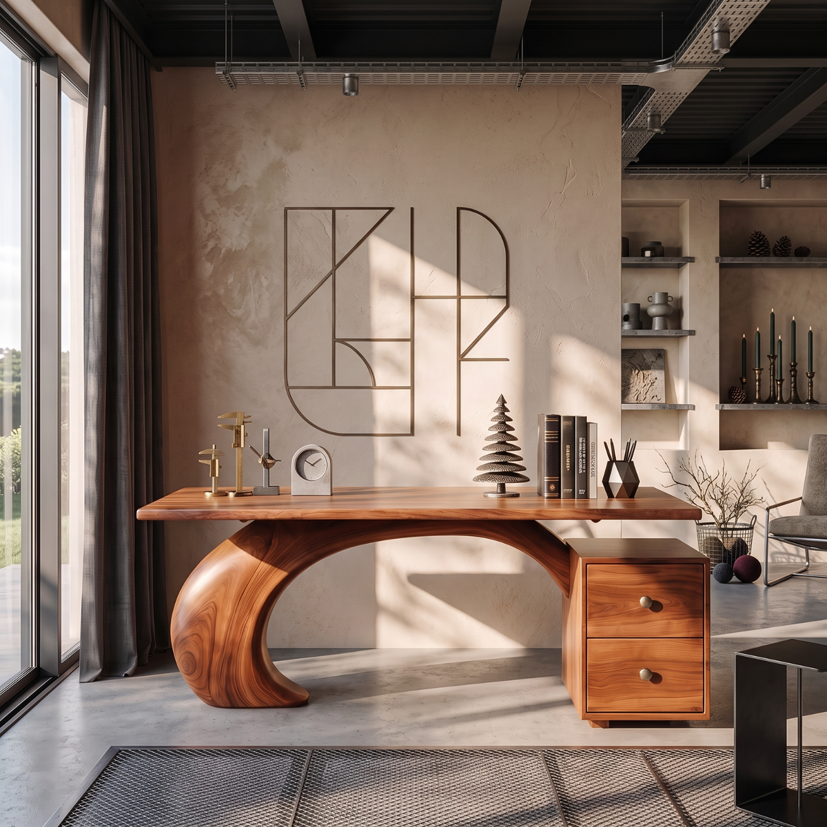 Sculptural Solid Wood Desk with Curved Support and Two Drawer Storage