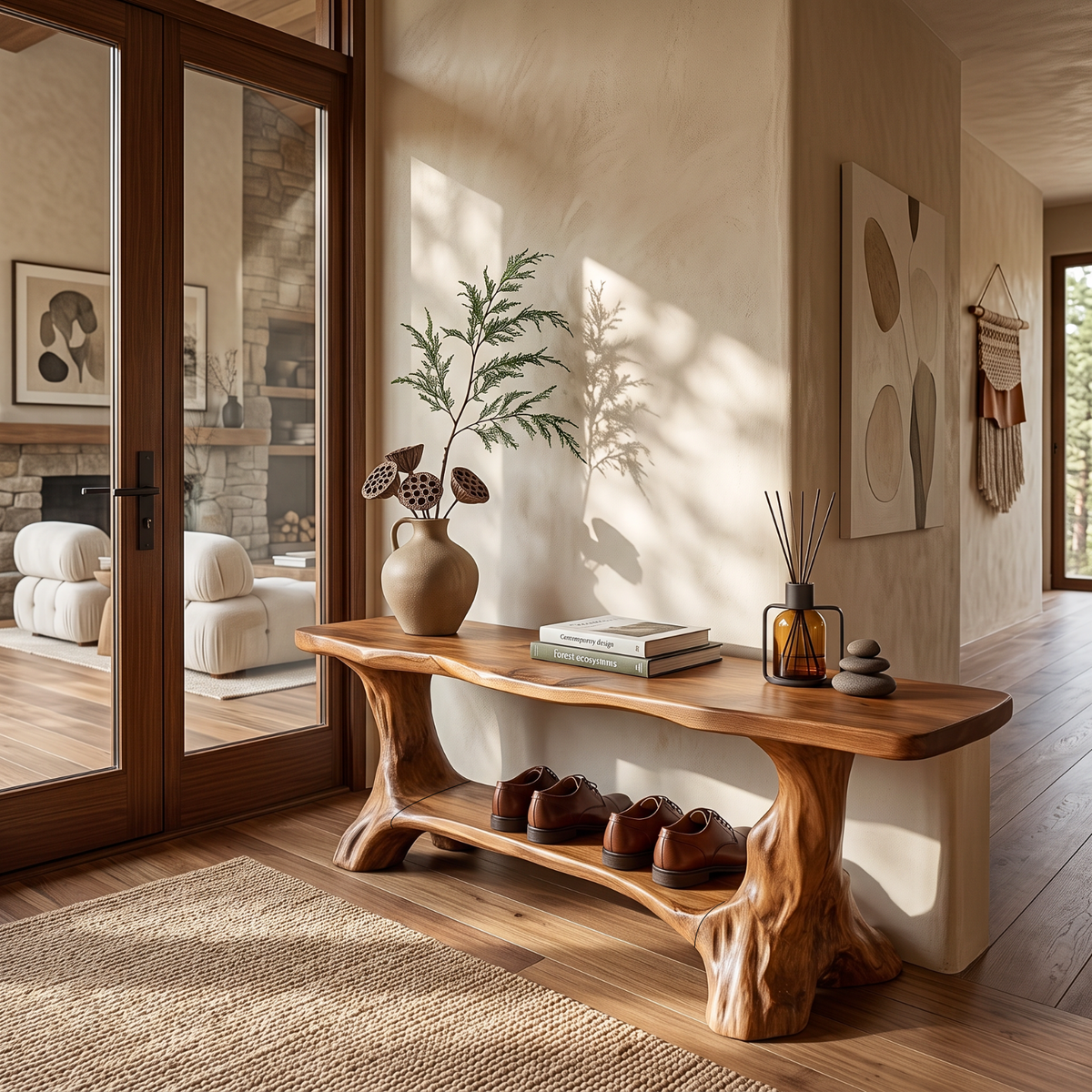 Sculptural Solid Wood Shoe Bench with Curved Supports and Open Storage Shelf
