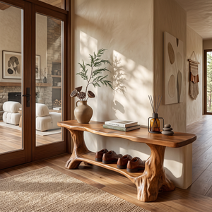 Sculptural Solid Wood Shoe Bench with Curved Supports and Open Storage Shelf