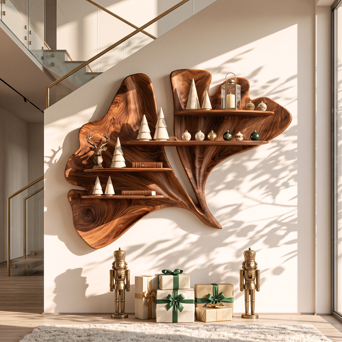 Sculptural Solid Wood Wall Shelf with Flowing Leaf Form and Floating Shelves