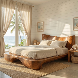 Organic Curve Solid Wood Bed with Artistic Headboard