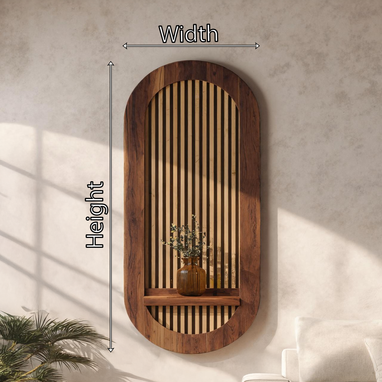 Arched Slatted Solid Wood Wall Panel with Floating Shelf