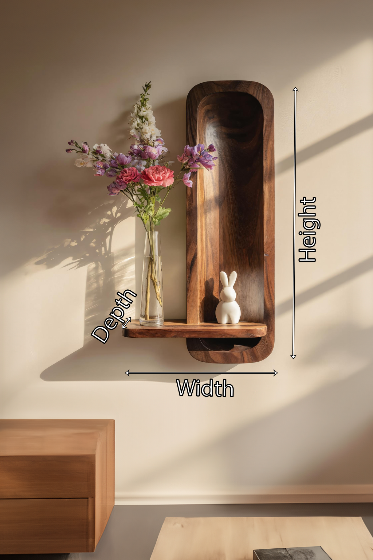 Minimalist Solid Wood Wall Niche Shelf with Sculpted Back Panel