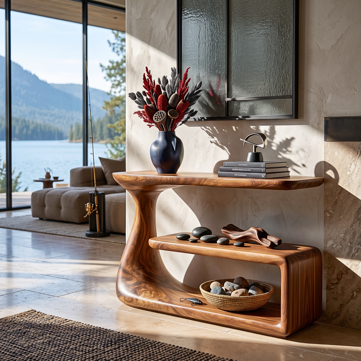 Console Table with Organic Curved Frame and Open Display Shelf