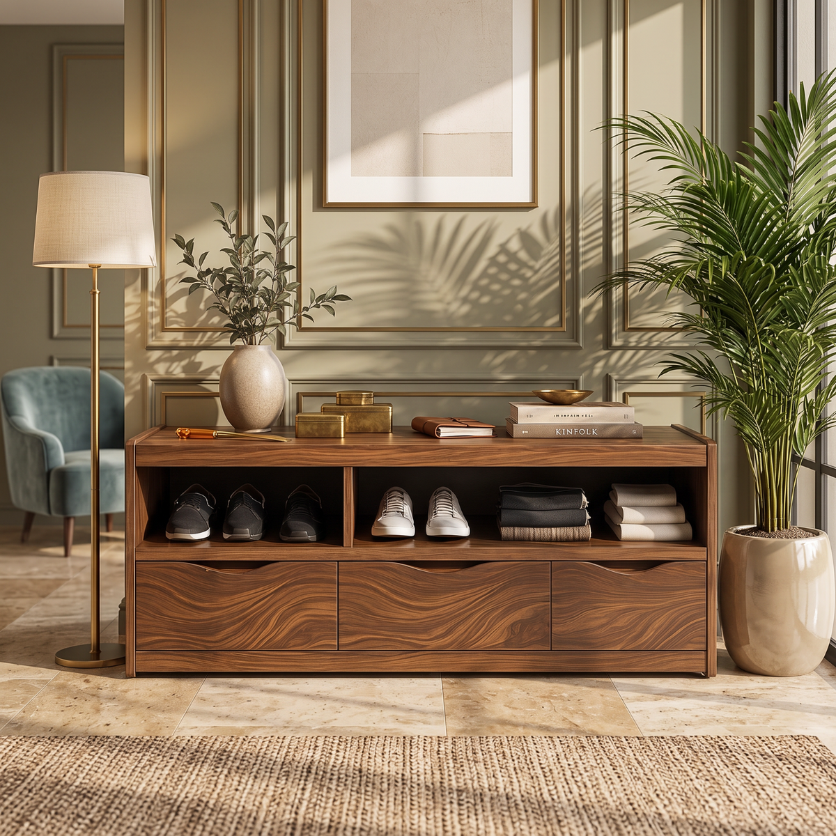 Modern Solid Wood Shoe Cabinet with Open Cubbies and Three Storage Drawers