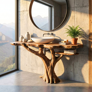 Handcrafted Solid Wood Bathroom Vanity with Tree Root Base and Side Shelf