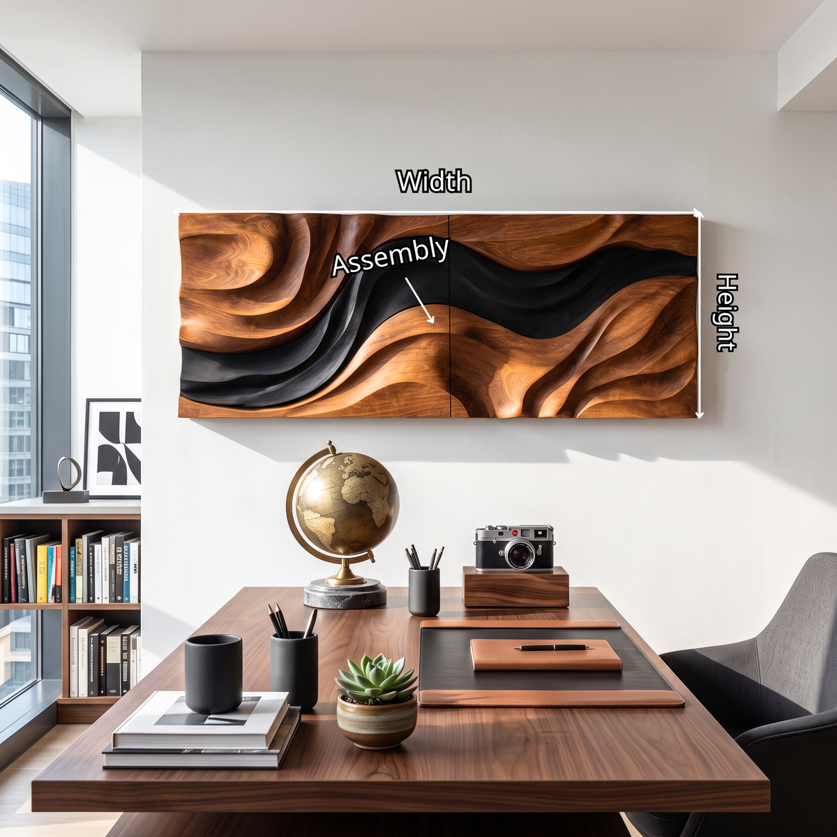 Wall Sculpture Abstract Tides with Flowing Black and Natural Wood Layers