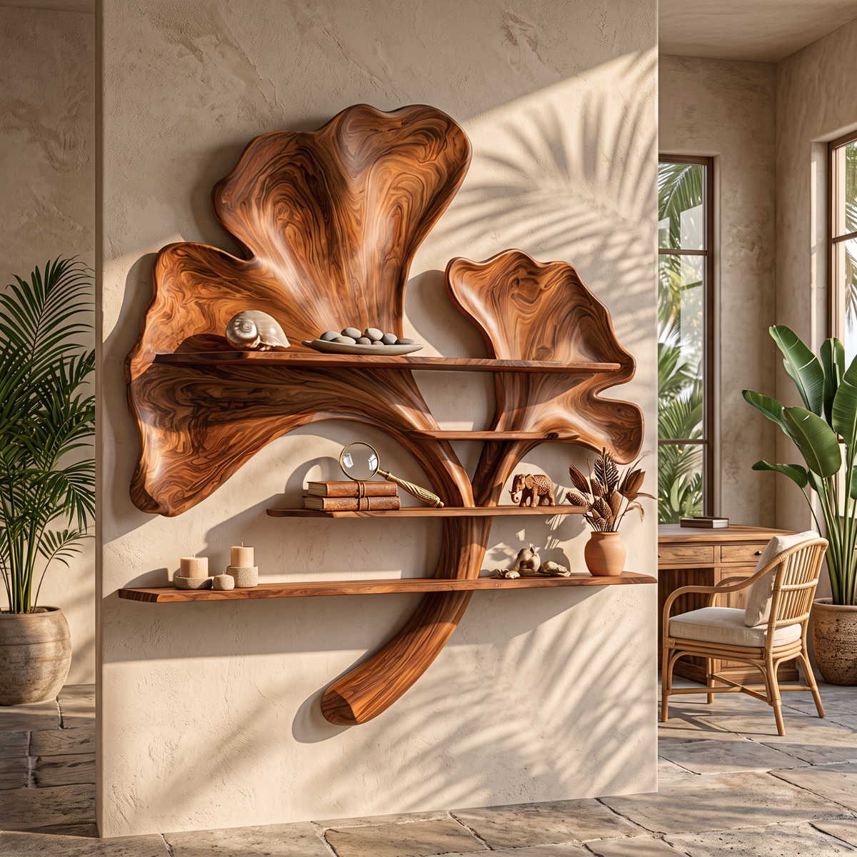 Solid Wood Ginkgo Leaf Wall Shelf Sculpture for Living Room Decor