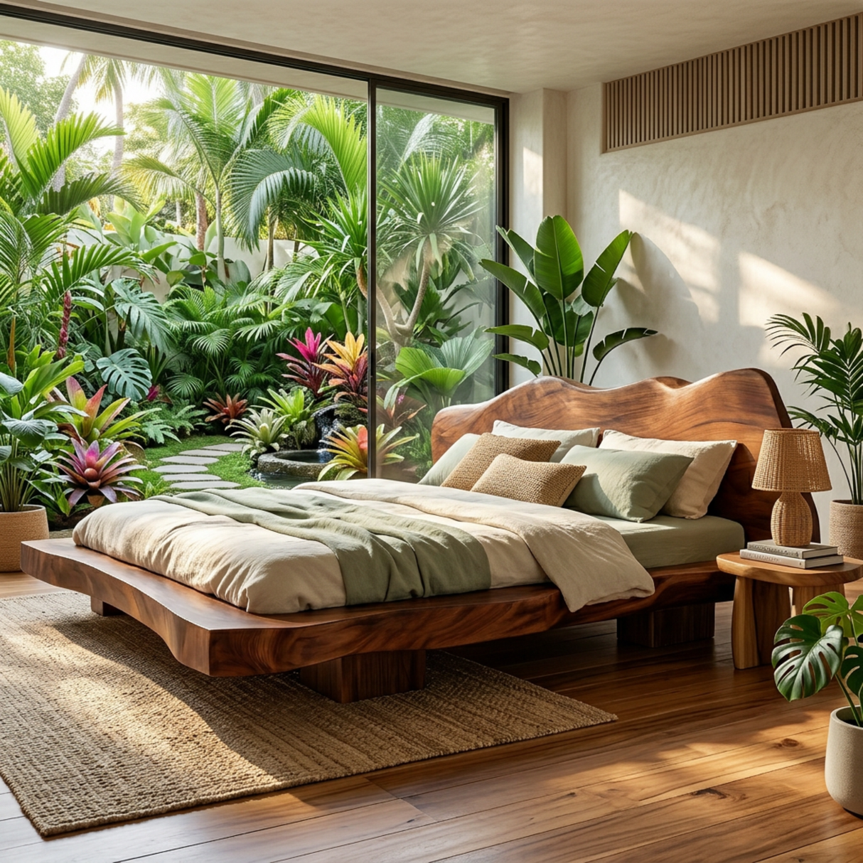 Solid Wood Platform Bed with Live Edge Headboard for Bedroom