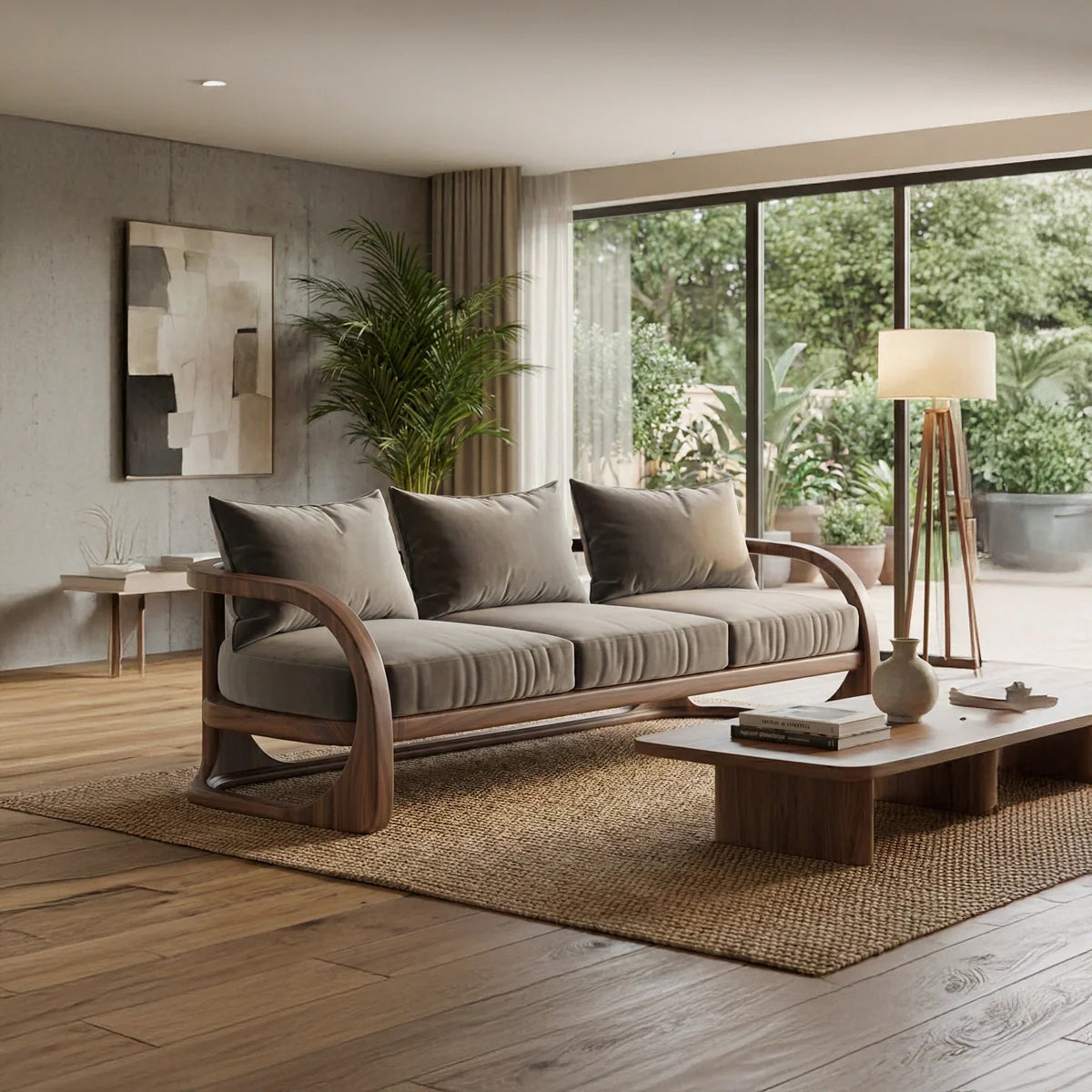 Curved Solid Wood Frame Sofa Modern Sculptural Living Room Couch with Cushions
