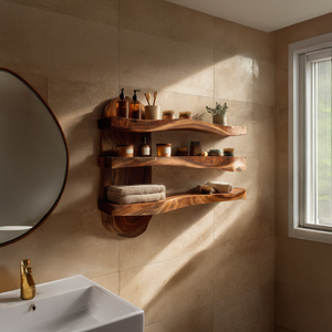 Sculpted Solid Wood Bathroom Wall Shelf Unit