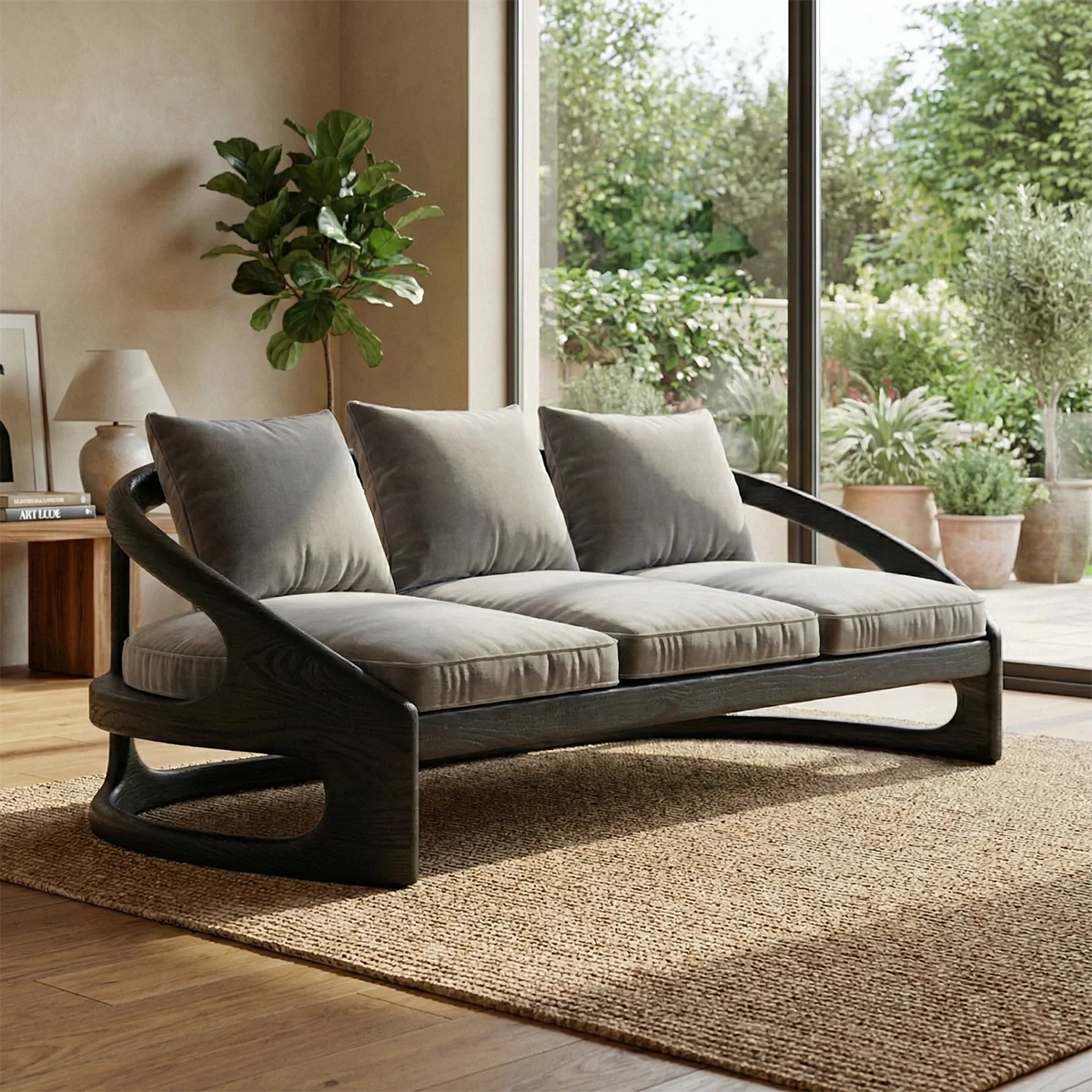 Sculptural Solid Wood Frame Sofa Modern Curved Arm Living Room Couch