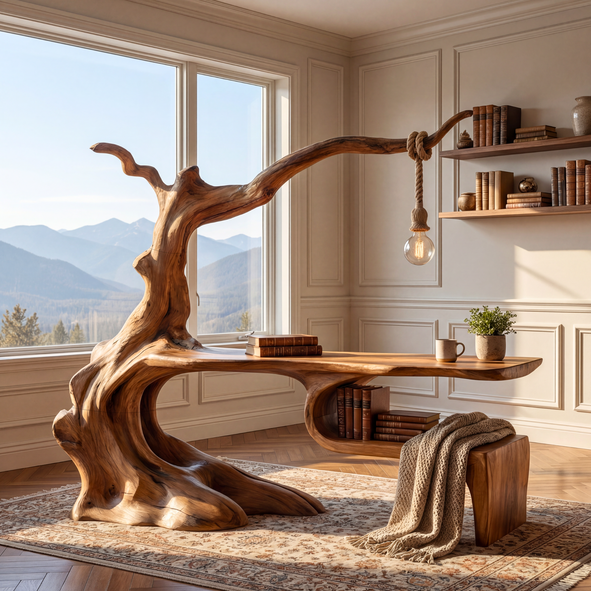 Solid Wood Organic Desk Sculptural Tree Inspired Workspace with Hanging Lamp Modern Writing Table