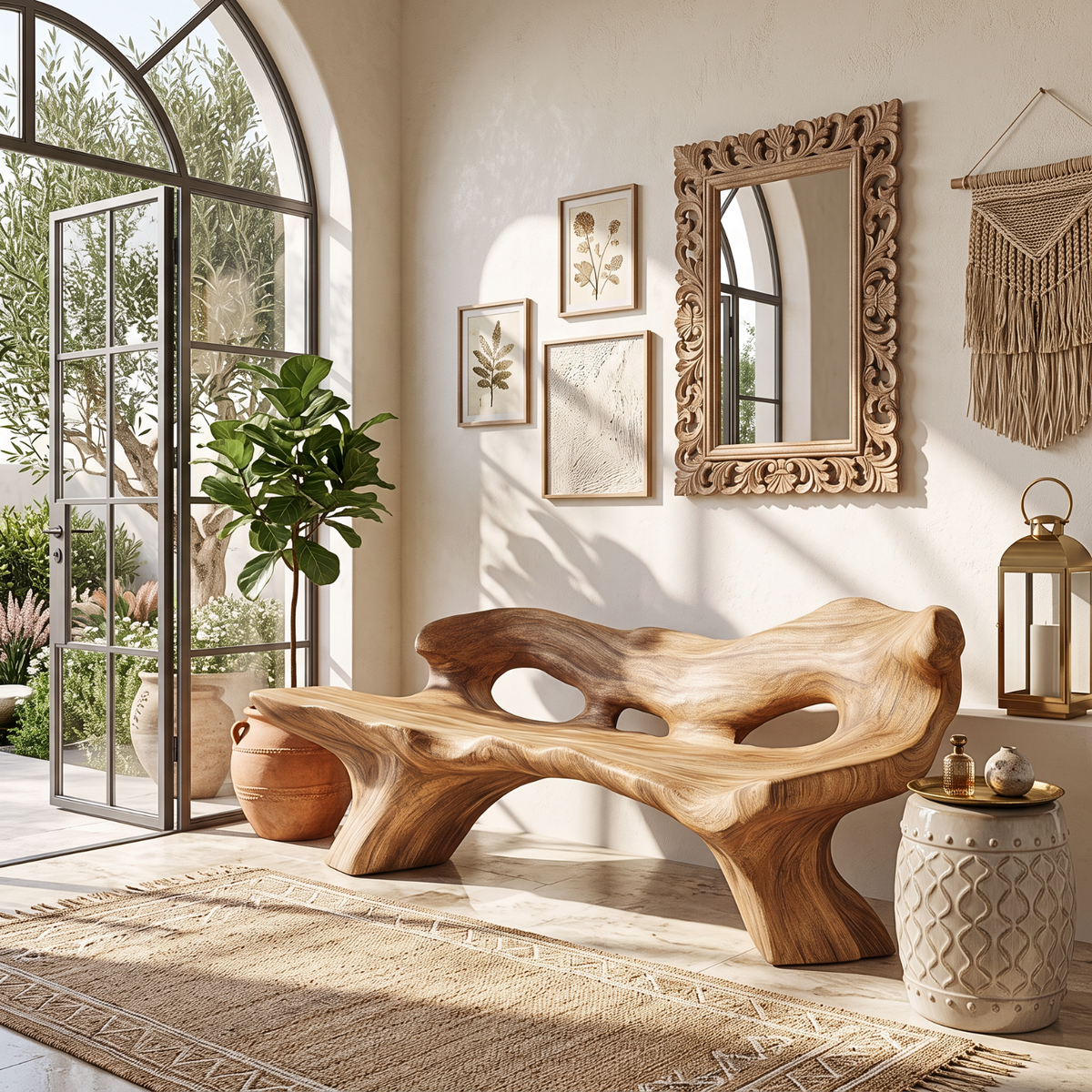 Handcrafted Outdoor Solid Wood Garden Bench with Sculptural Organic Backrest