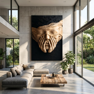 Sculptural Wood Wall Art with Veiled Face and Hands