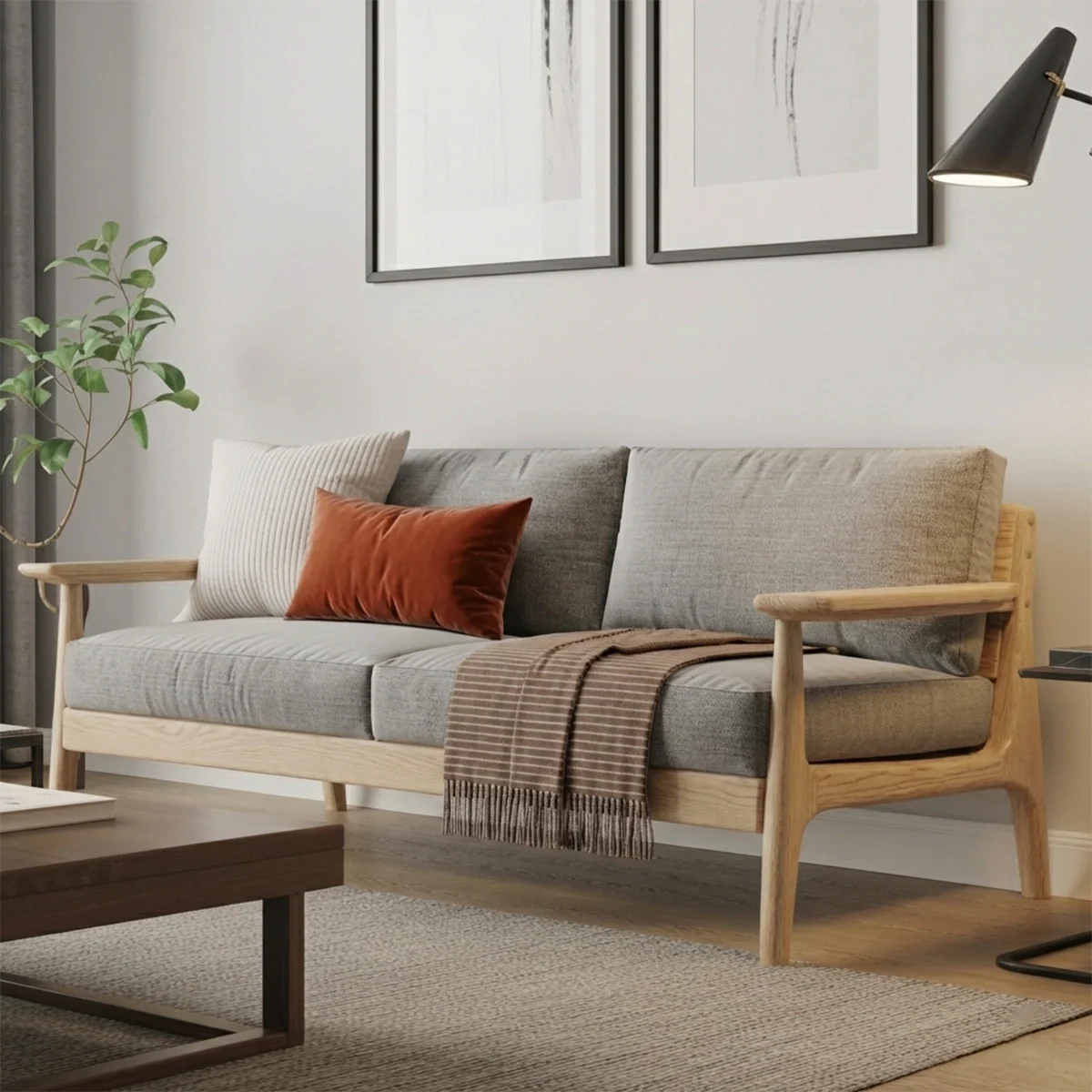 Modern Solid Wood Sofa Scandinavian Style Wooden Frame Couch with Upholstered Cushions