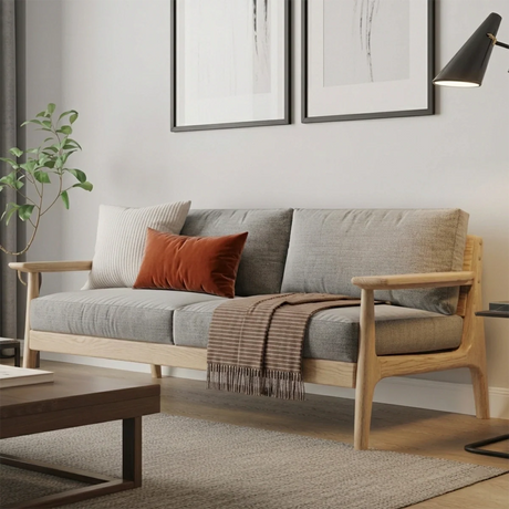 Modern Solid Wood Sofa Scandinavian Style Wooden Frame Couch with Upholstered Cushions