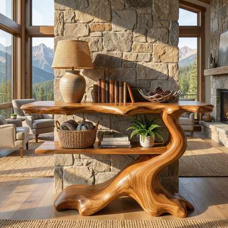Sculptural Solid Wood Console Table with Open Shelf, Organic Entryway Table