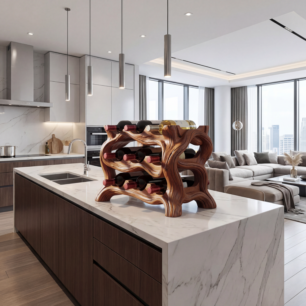 Organic Wave Solid Wood Wine Rack Sculptural Multi Tier Bottle Holder for Dining Table Display
