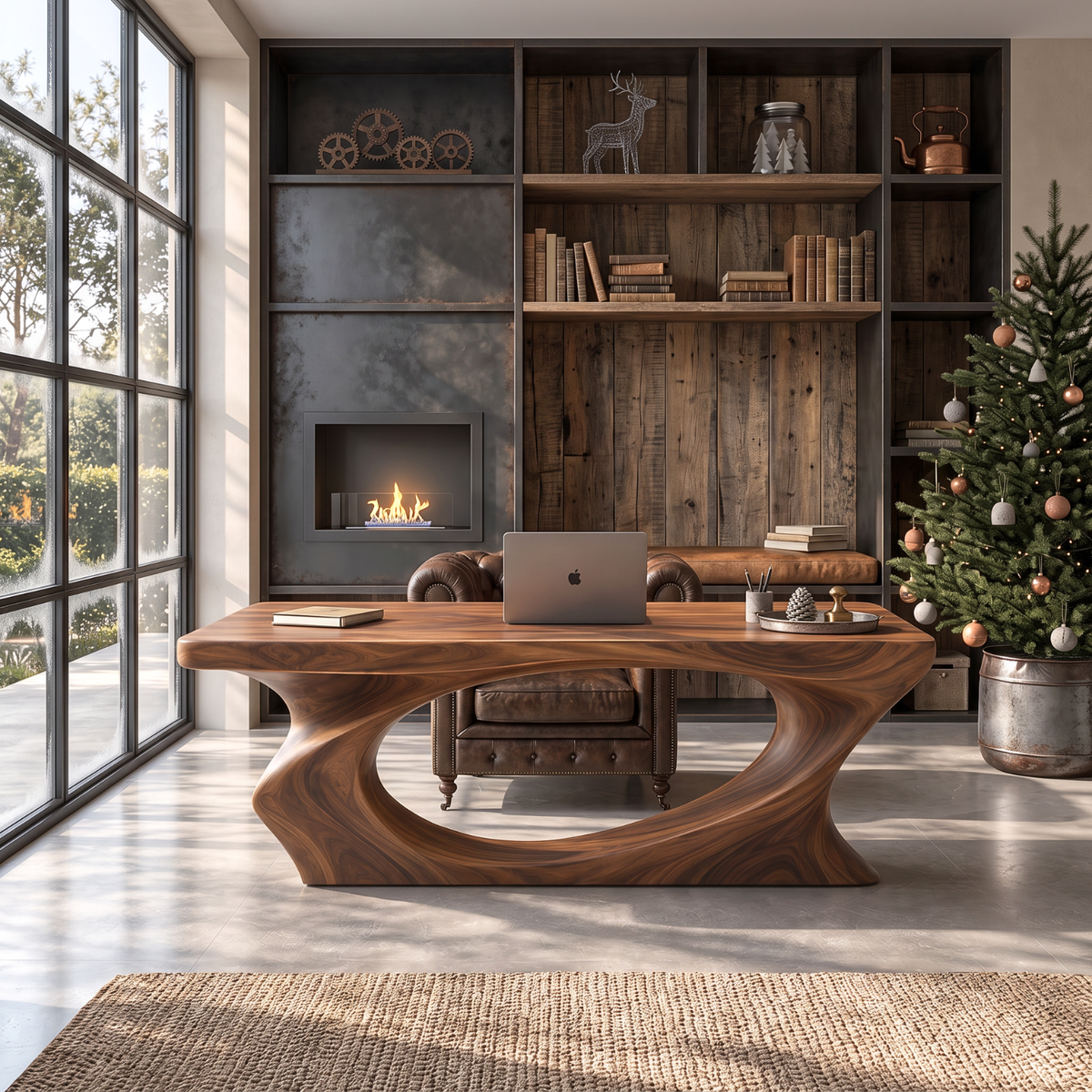 Sculptural Solid Wood Executive Desk with Organic Open Loop Base
