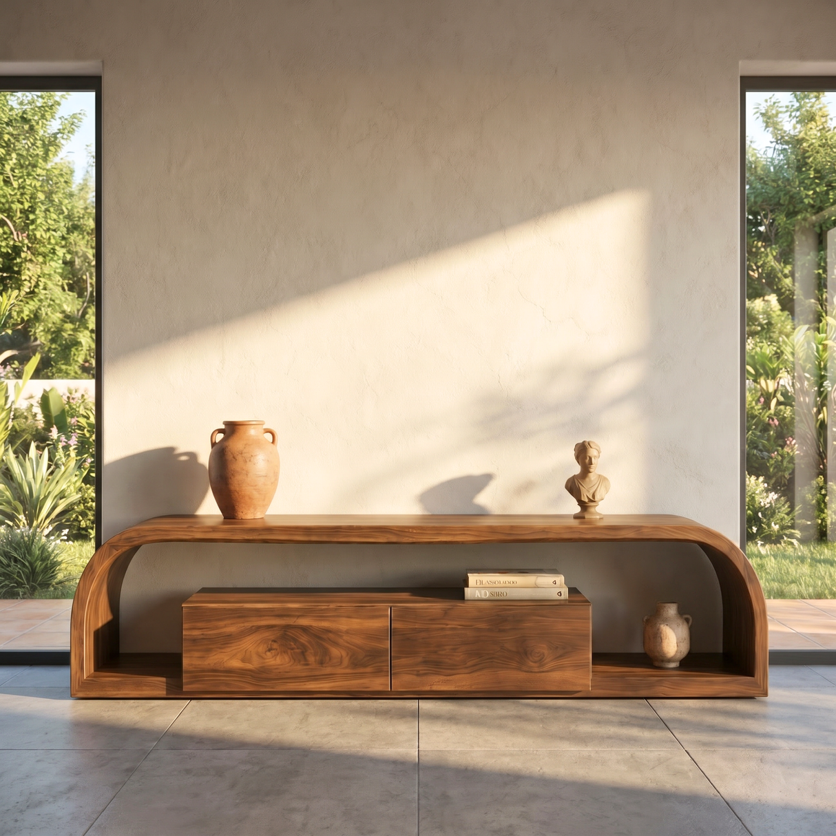 TV Console Solid Wood with Rounded Frame and Cabinet Storage for Living Room