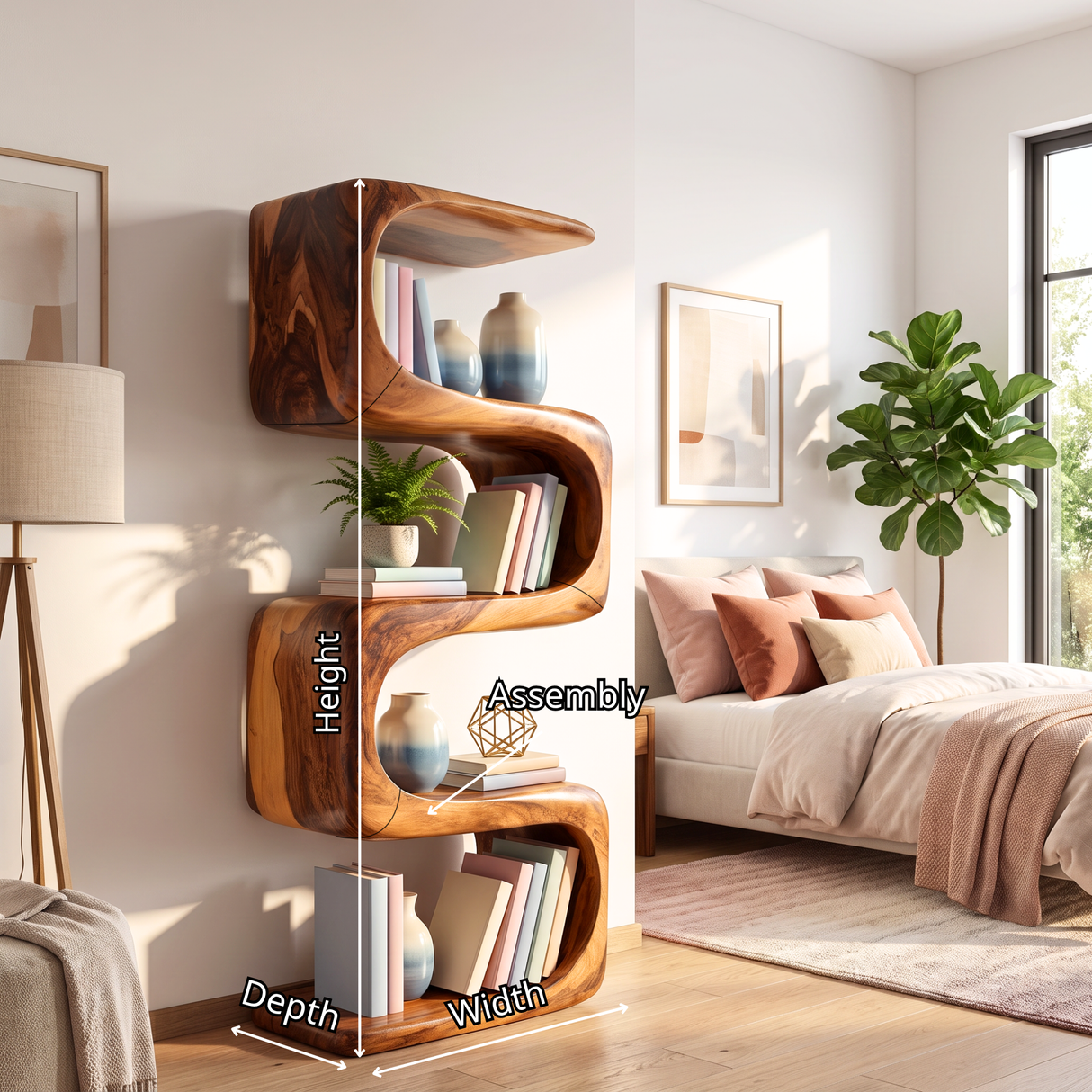 Bookshelf Solid Wood with Sculptural S Curve Shelves