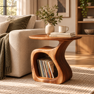 Organic Solid Wood Side Table with Sculptural Base
