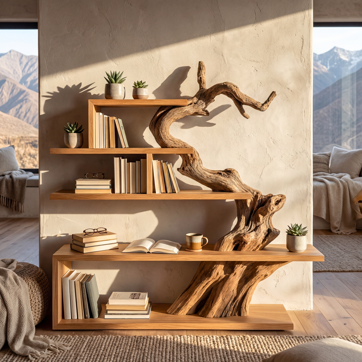 Organic Solid Wood Bookshelf with Sculptural Tree Form Modern Display Shelf Storage Unit