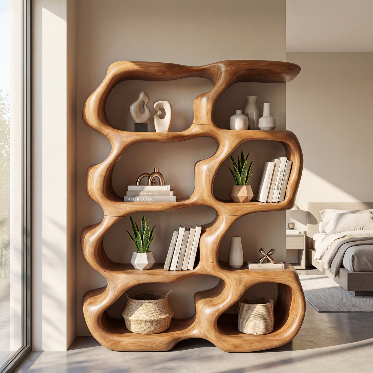 Sculptural Organic Wood Bookcase with Open Display Shelves